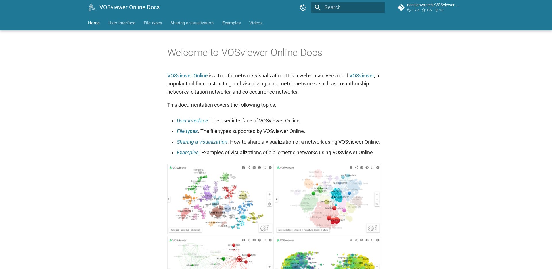 VOSviewer Online Docs: Welcome to VOSviewer Online Docs, com as seções User interface, File types, Sharing a visualization, Examples e Videos