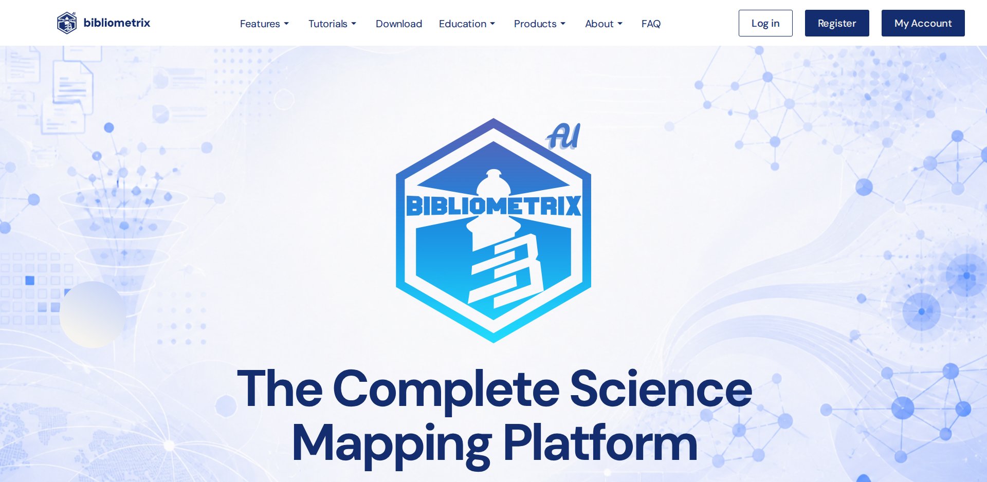 Página inicial de bibliometrix.org: The Complete Science Mapping Platform, com o logotipo Bibliometrix AI e os menus Features, Tutorials, Download, Education, Products, About e FAQ