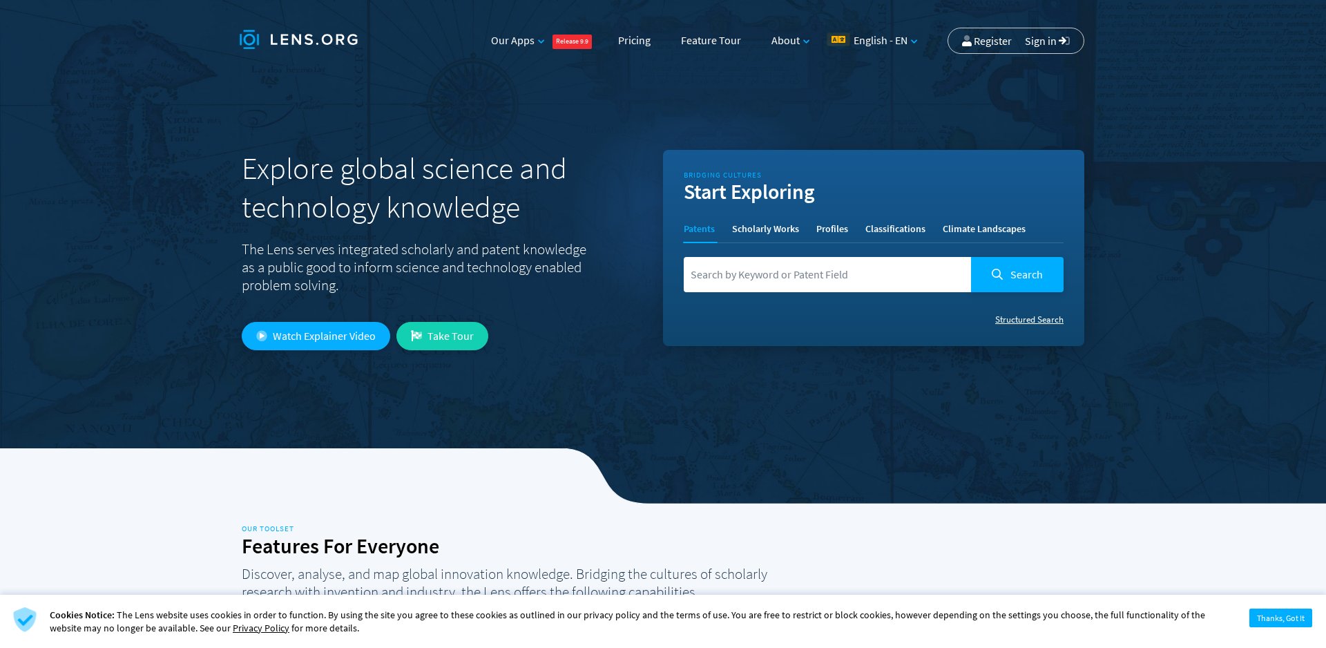 Página inicial do Lens.org: Explore global science and technology knowledge, com a busca de patentes e scholarly works e o aviso de cookies
