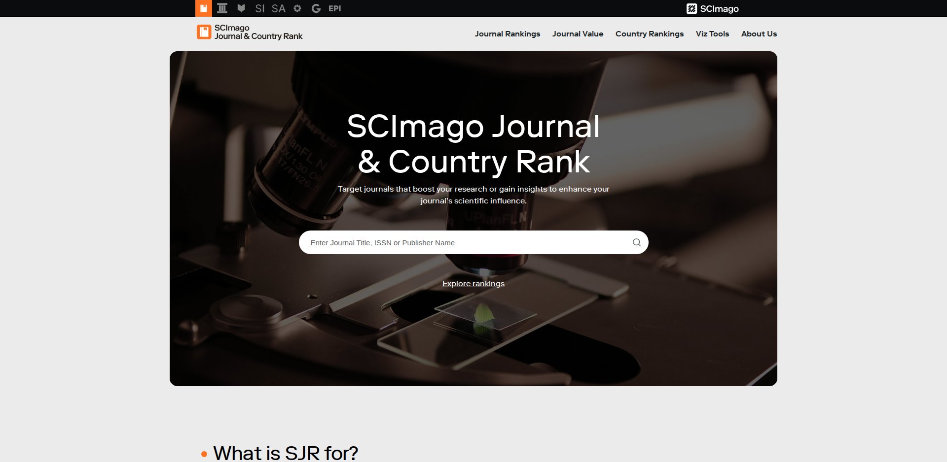 Página inicial do SCImago Journal and Country Rank, com a busca por título de periódico, ISSN ou editora, os menus Journal Rankings e Country Rankings e a seção What is SJR for