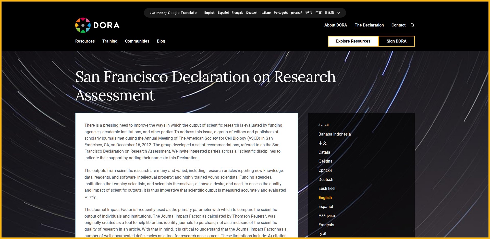 Página The Declaration do site da DORA: San Francisco Declaration on Research Assessment, com o texto sobre a necessidade de melhorar a avaliação da pesquisa e a lista de traduções