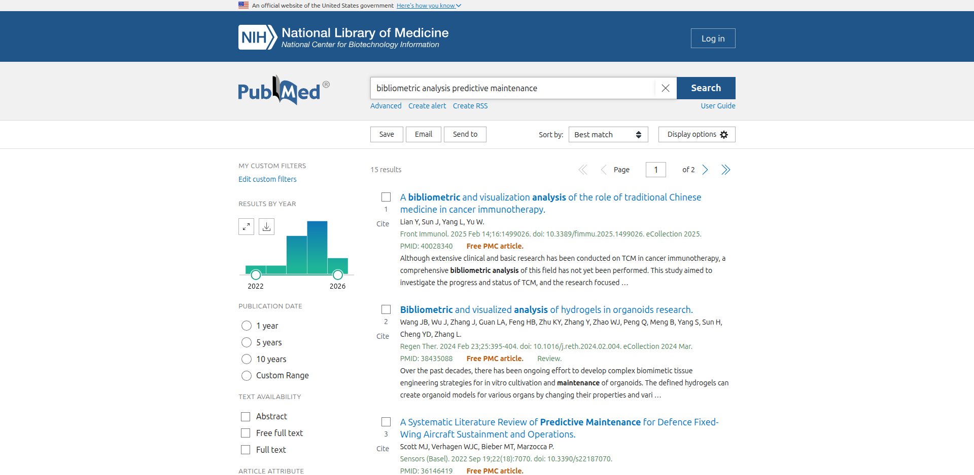 Resultados do PubMed para a busca bibliometric analysis predictive maintenance, com 15 resultados, os botões Save, Email e Send to e os filtros por ano e texto