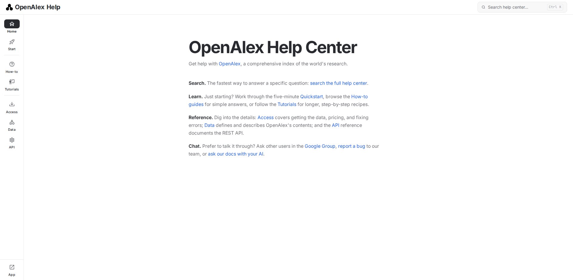 OpenAlex Help Center, com a barra lateral Home, Start, How-to, Tutorials, Access, Data, API e App